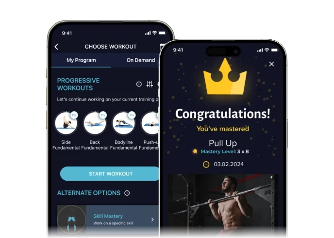 The Movement Athlete app — choose your progressive workout, and the app celebrates every skill you master